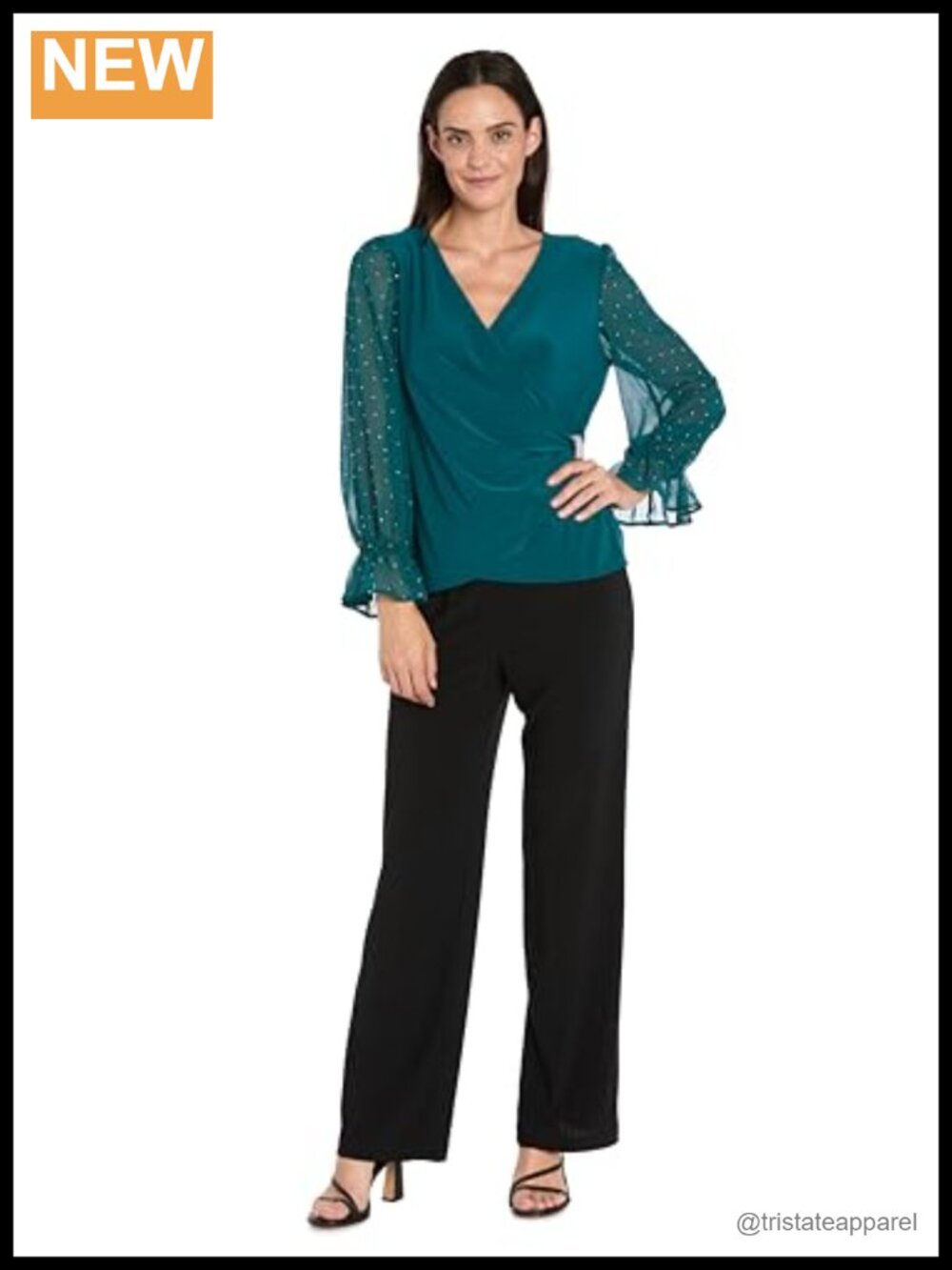 R&M Richards Womens Sparkle Formal Top V-Neck 3/4 Sleeve Faux Wrap Rhinestone
